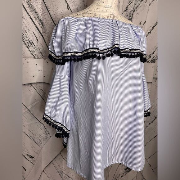 Forever 21 Off The Shoulder Striped Pom Pom Mini Dress/Tunic M - Picture 3 of 7